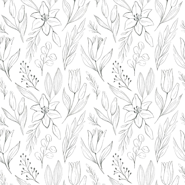 Patrón transparente de vector con dibujos a lápiz de lirios hojas ramas textura dibujada a mano