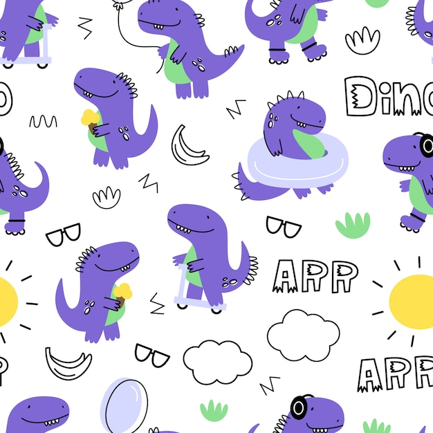 Patrón transparente de vector con dinosaurios. estilo de dibujos animados estampado infantil.