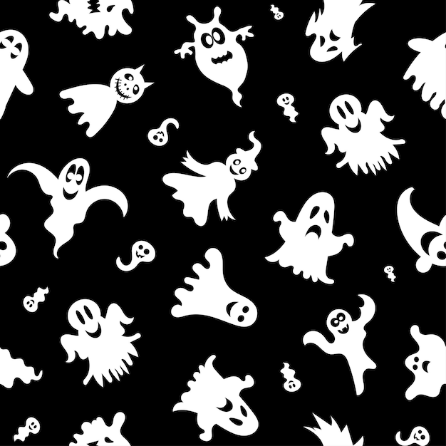 Patrón transparente de vector para el diseño de Halloween Símbolos de Halloween fantasma en estilo de dibujos animados