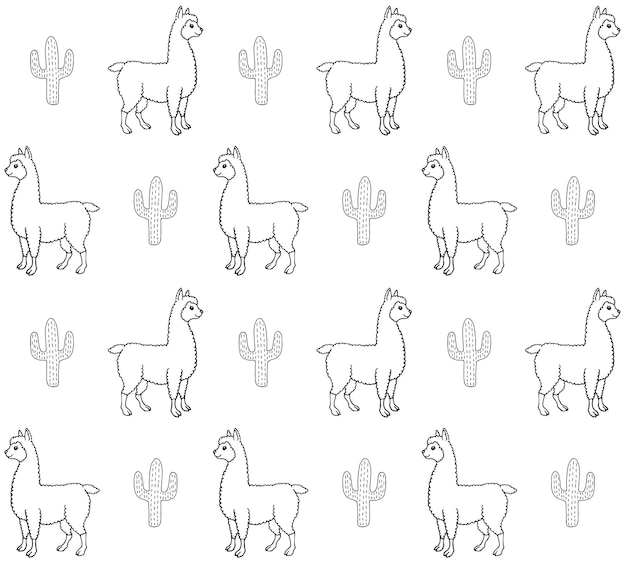 Patrón transparente de vector de doodle llama y cactus