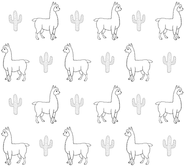 Patrón transparente de vector de doodle llama y cactus