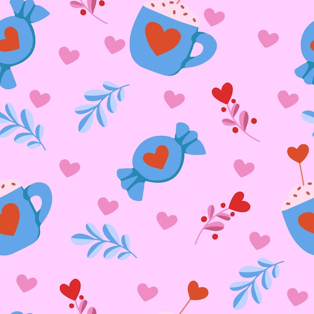 Patrón transparente de vector con dulces, taza de café, corazones y plantas para el día de san valentín