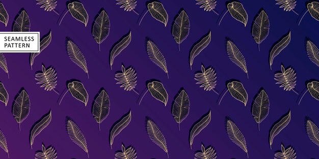 Patrón transparente de vector elegante de lujo con hojas de palma helecho de hojas de monstera en tonos dorados sobre fondo púrpura Patrón para el diseño cubre textiles