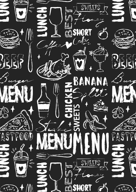 Vector patrón transparente de vector con elementos de comida rápida platos palabras y decoración estilo tiza en negro