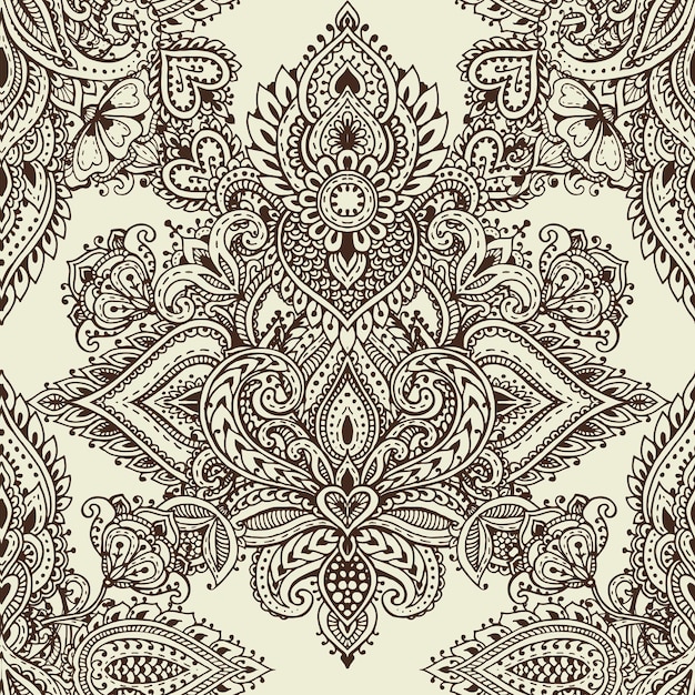 Patrón transparente de vector con elementos florales henna mehndi dibujados a mano. Hermoso fondo interminable en estilo indio oriental