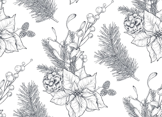 Patrón transparente de vector con elementos florales de Navidad plantas ramas piñas poinsettia