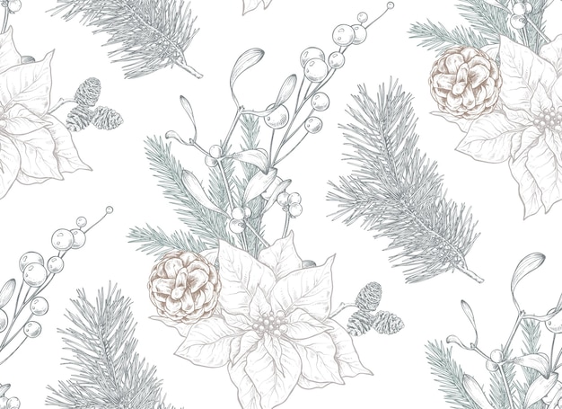 Patrón transparente de vector con elementos florales de Navidad plantas ramas piñas