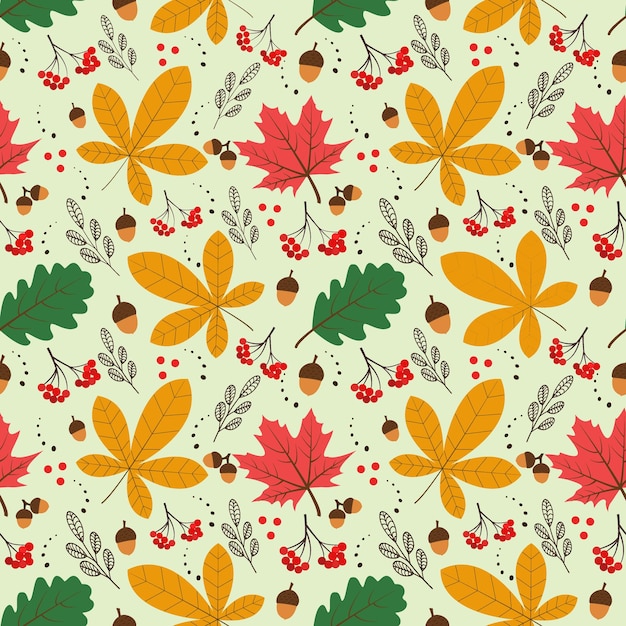 Patrón transparente de vector con elementos de otoño: bellotas, varias hojas, elementos florales de otoño.
