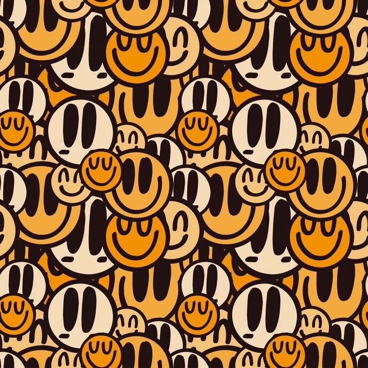 Patrón transparente de vector con emoticonos coloridos felices Un conjunto de emoticonos felices Ilustración vectorial para niños Adecuado para telas textiles artículos de regalo papel tapiz para decoración