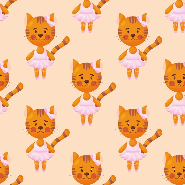 Patrón transparente de vector en estilo infantil con una bailarina de gato Ilustración vectorial