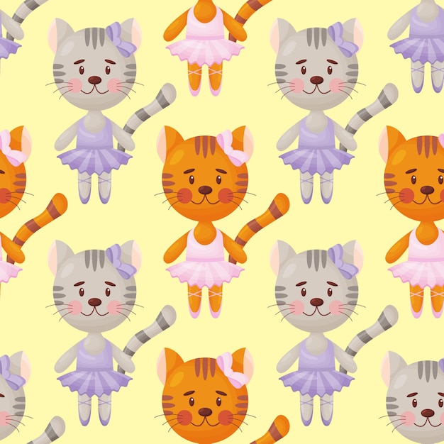 Patrón transparente de vector en estilo infantil con una bailarina de gato Ilustración vectorial