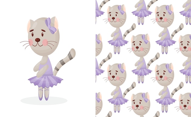 Patrón transparente de vector en estilo infantil con una bailarina de gato