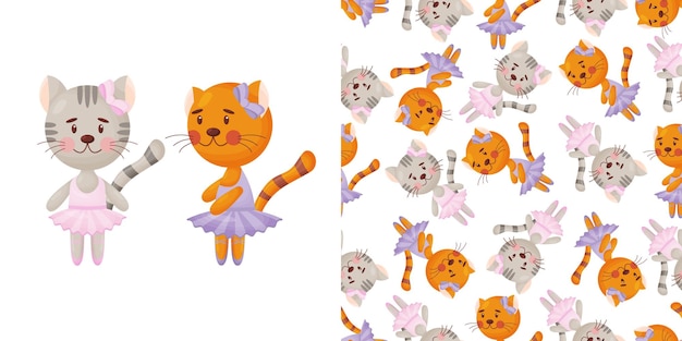 Patrón transparente de vector en estilo infantil con una bailarina de gato