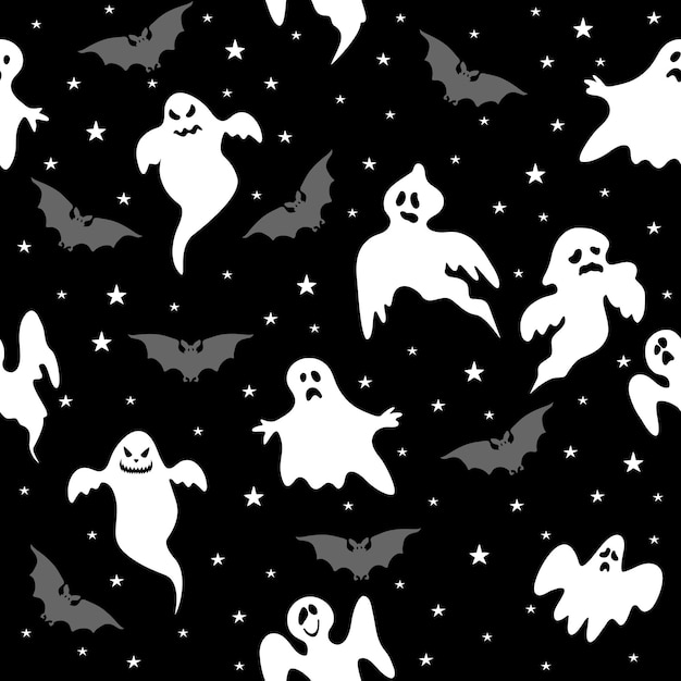 Patrón transparente de vector para estrellas y murciélagos fantasma de Halloween