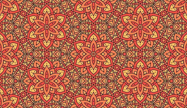 Patrón transparente de vector para fabrique. diseño de vector transparente de patrón de mandala indio. estampado floral naranja abstracto oriental.