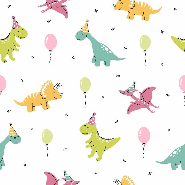 Patrón transparente de vector con fiesta de cumpleaños de dinosaurios dinosaurios con globos sobre fondo blanco