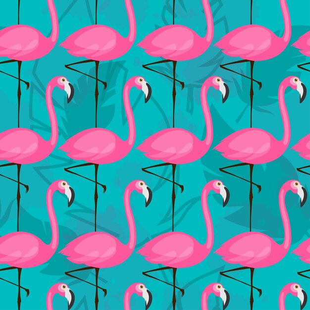 Patrón transparente de vector con flamencos rosados sobre fondo turquesa patrón de vector tropical