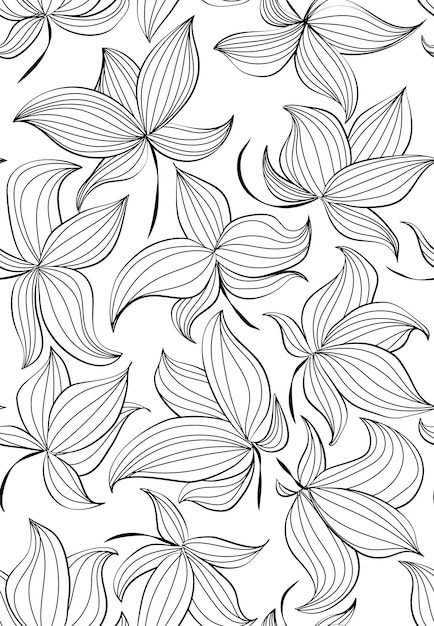 Patrón transparente de vector floral con flores negras dibujadas a mano en hojas coloridas ilustración de contorno muaré