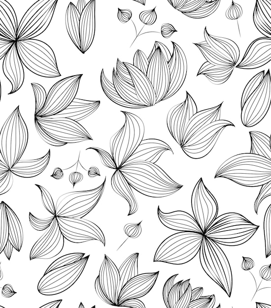 Patrón transparente de vector floral con flores negras dibujadas a mano en hojas coloridas ilustración de contorno muaré