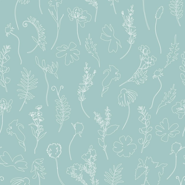 Patrón transparente de vector floral con pradera flores silvestres plantas y hierbas Ilustración dibujada a mano aislada sobre fondo verde Para envolver papel tapiz de tela