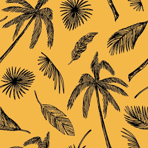 Patrón transparente de vector floral tropical Dibujado a mano follaje exótico palmera hojas de plátano Ornamento de contorno abstracto en estilo retro