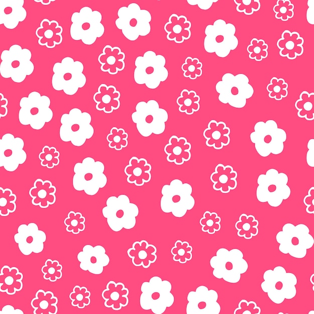 Patrón transparente de vector de flores blancas sobre fondo rosa. Papel de desecho digital. Las flores simples están dibujadas a mano en estilo doodle.