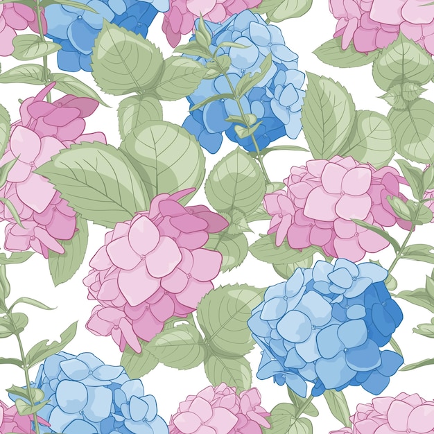Patrón transparente de vector de flores de hartensia, ramitas y hojas para su diseño. textura para el diseño de tarjetas, textiles y decoración. ilustración vectorial.