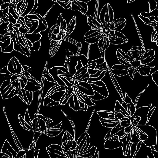 Patrón transparente de vector de flores de narciso Las hojas jóvenes y las inflorescencias se dibujan a mano