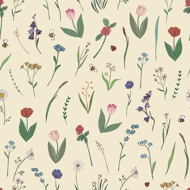Patrón transparente de vector de flores y plantas