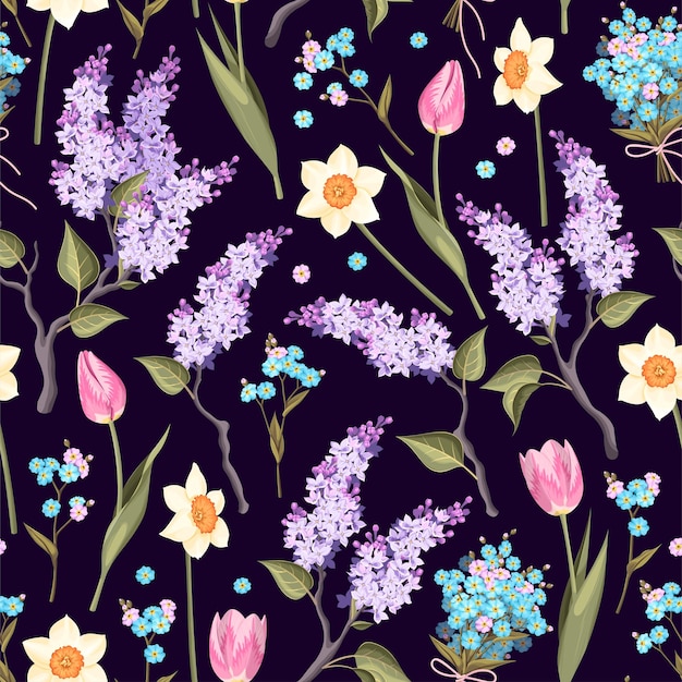 Patrón transparente de vector con flores de primavera
