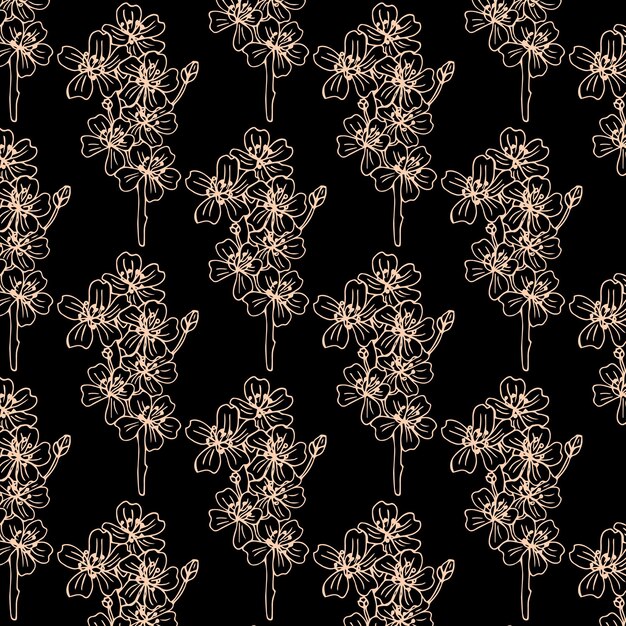 Patrón transparente de vector con flores de sakura dibujadas a mano.