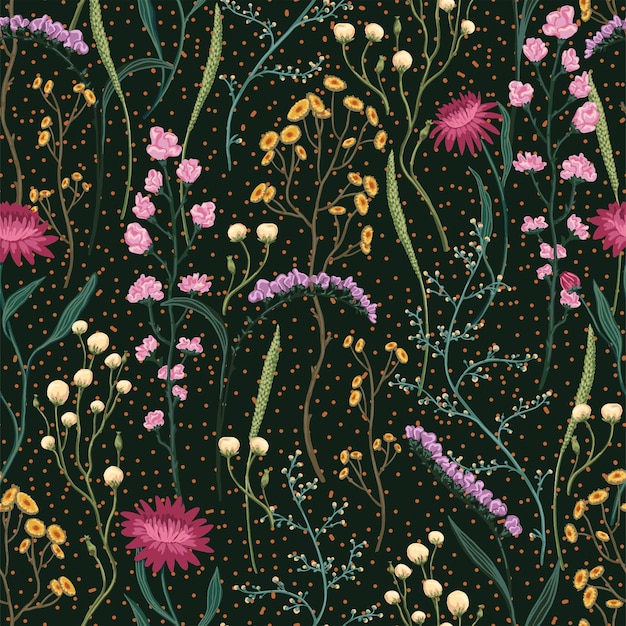 Patrón transparente de vector de flores silvestres. Esbozos botánicos abstractos de plantas de campo. Adorno floral de época. Diseño para papel pintado, fondo, decoración, textil, envoltura.