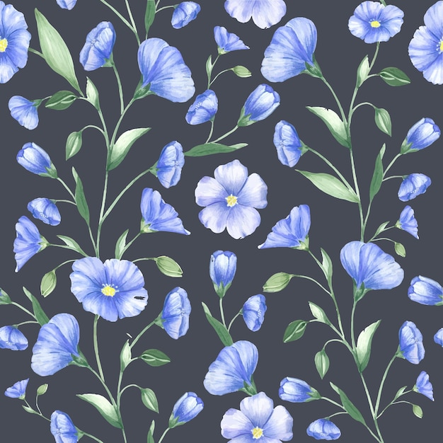 Patrón transparente de vector de flores silvestres de lino Patrón floral transparente de acuarela de flores azules