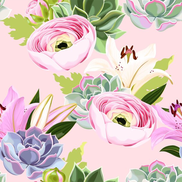 Patrón transparente de vector con flores y suculentas