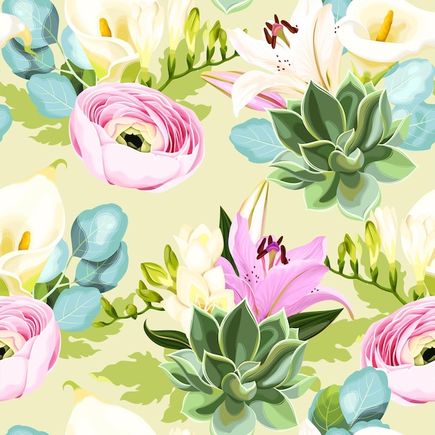 Patrón transparente de vector con flores y suculentas