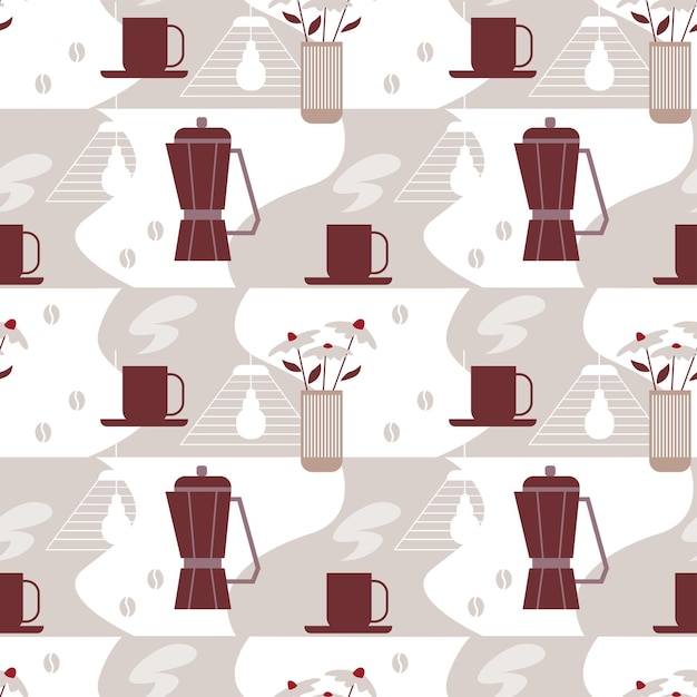 Patrón transparente de vector con flores y tazas de cafetera de géiser