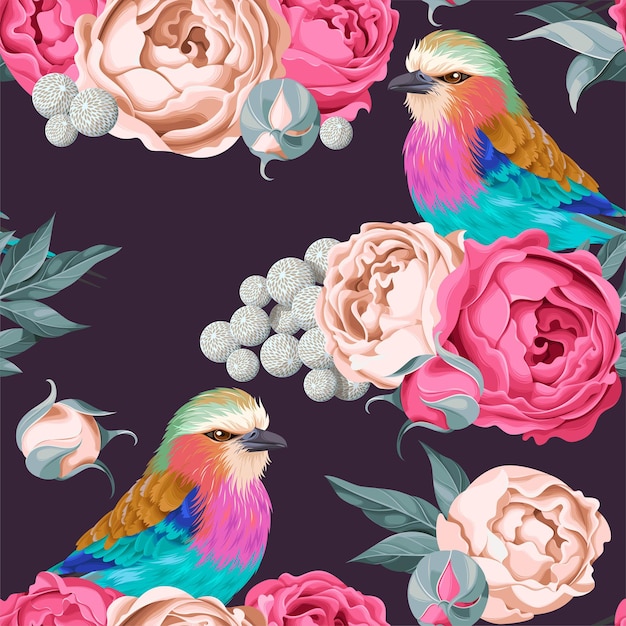 Patrón transparente de vector con flores vintage y aves