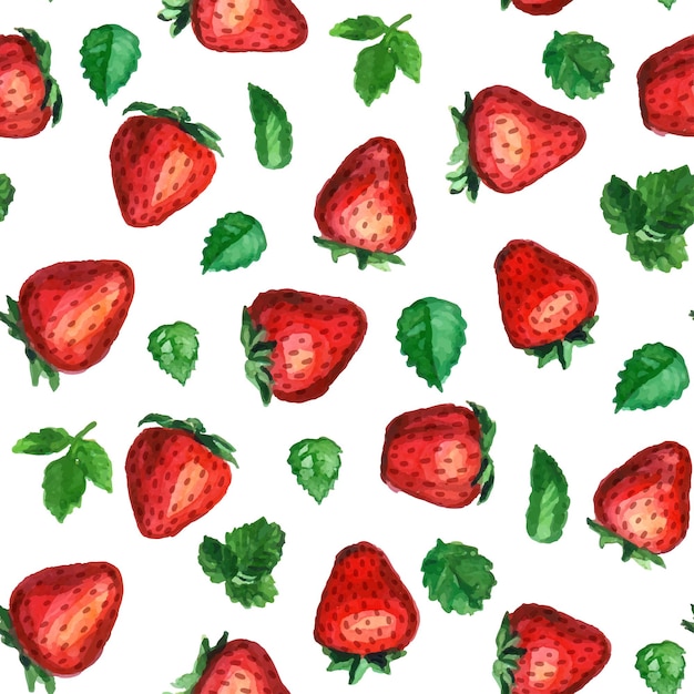 Patrón transparente de vector con fresas acuarelas sobre fondo blanco