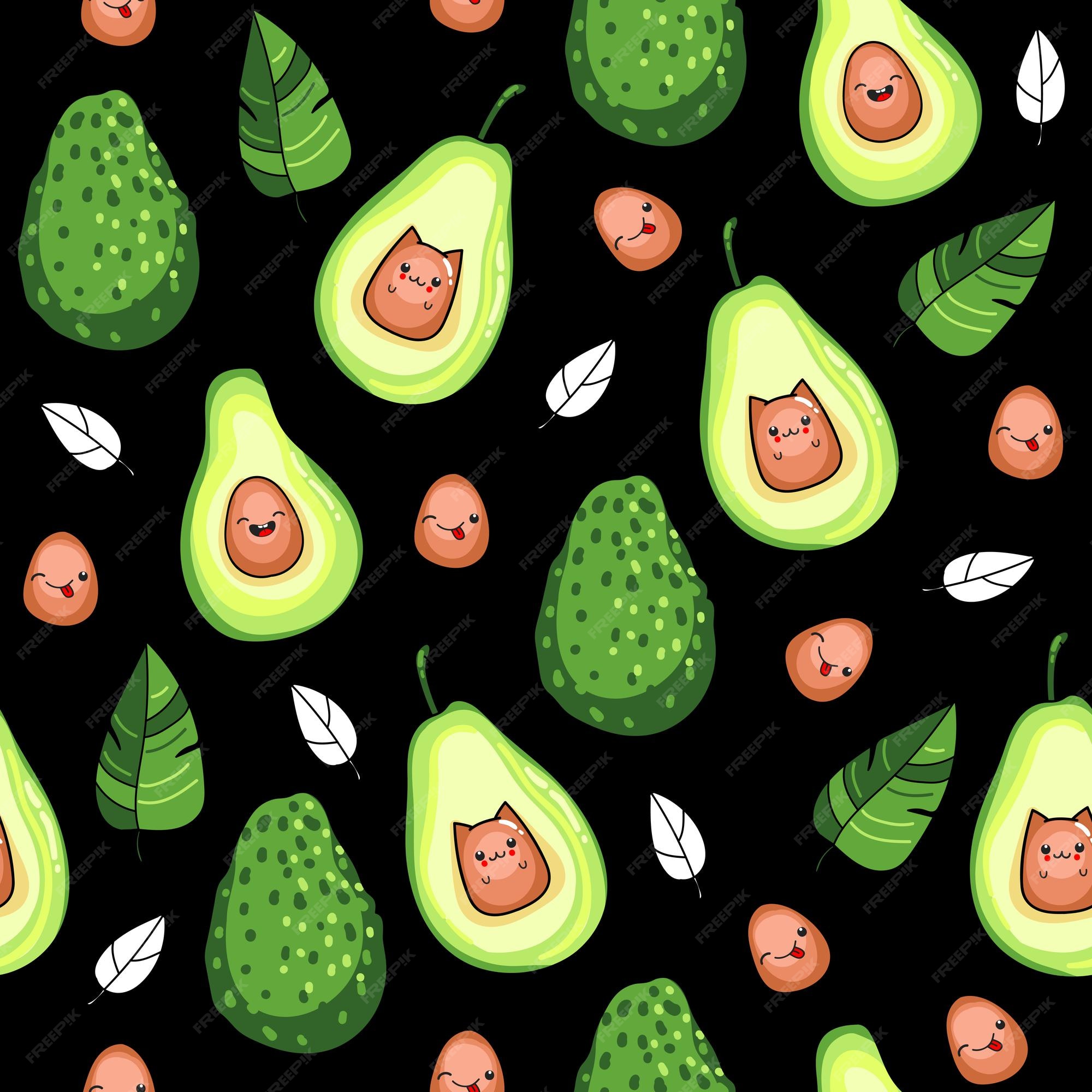 Patrón transparente de vector con fruta de aguacate sobre un fondo negro,  estilo kawaii | Vector Premium