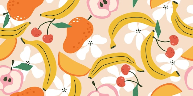 Patrón transparente de vector con frutas y flores Textura dibujada a mano de moda Collage contemporáneo