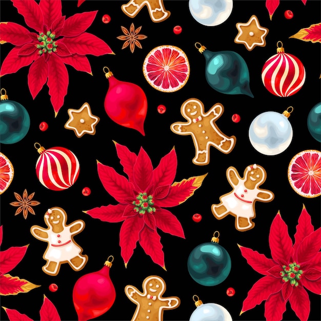 Patrón transparente de vector con galletas de jengibre de flor de pascua muy detalladas y bolas de Navidad