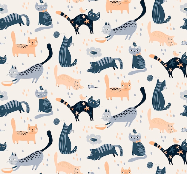 Patrón transparente de vector con gatos lindos en estilo plano simple