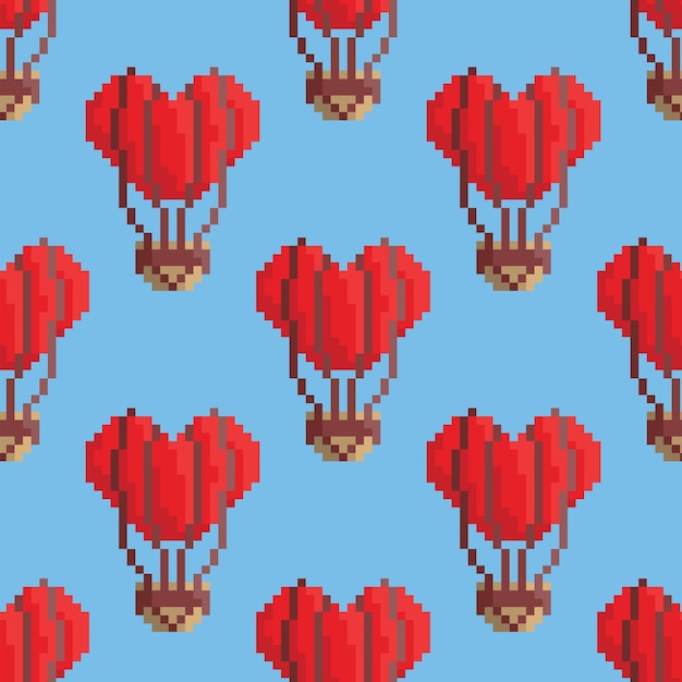 Patrón transparente de vector con globos rojos en forma de corazón en el cielo estilo Pixel art