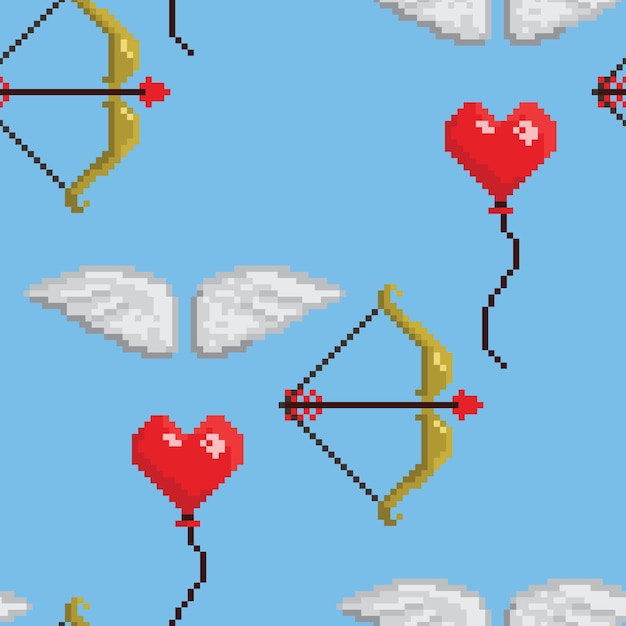 Patrón transparente de vector con globos rojos en forma de corazón en el cielo estilo Pixel art