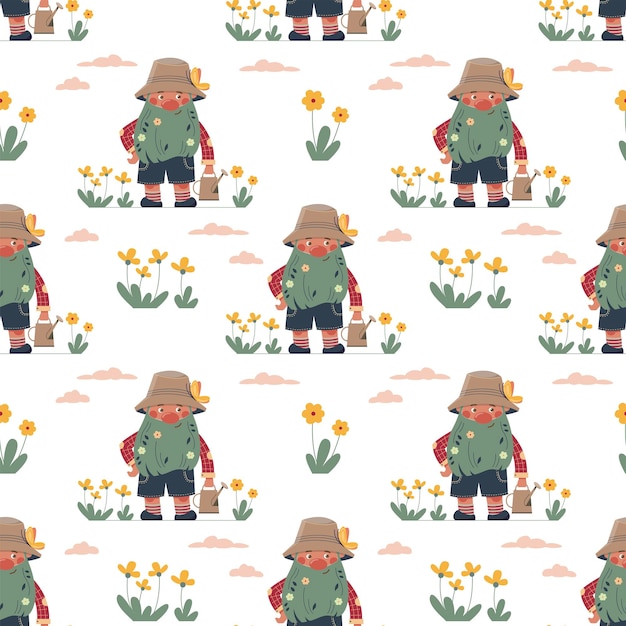 Patrón transparente de vector con gnomos divertidos y flores Fondo de pantalla de niños de verano