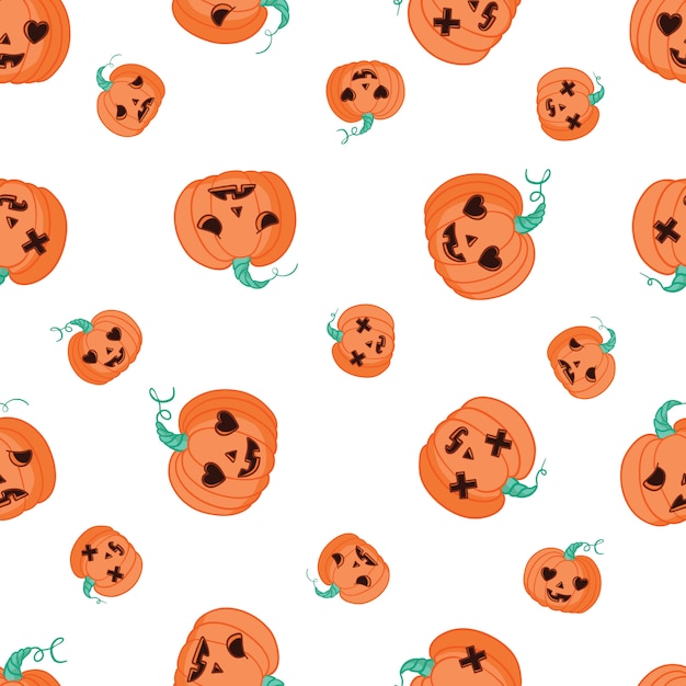 Patrón transparente de vector para Halloween Calabaza, fantasma, murciélago, dulces y otros artículos sobre el tema de Halloween. Patrón de dibujos animados brillantes para Halloween