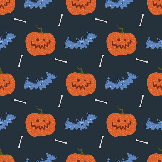 Patrón transparente de vector de halloween en estilo de dibujos animados sobre fondo negro. patrón con calabazas