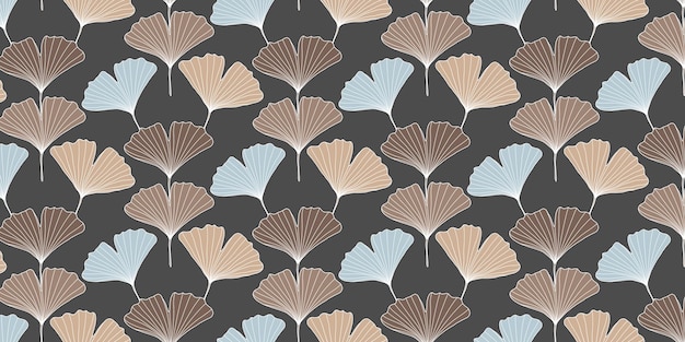 Patrón transparente de vector con hojas de ginkgo biloba sobre un fondo gris oscuro para la decoración de cubiertas de papel de envolver textiles