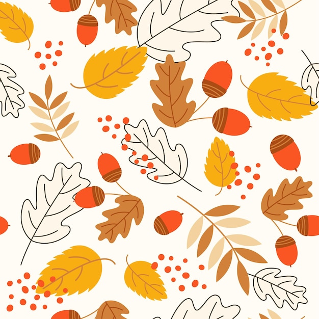 Patrón transparente de vector de hojas de otoño y bellotas