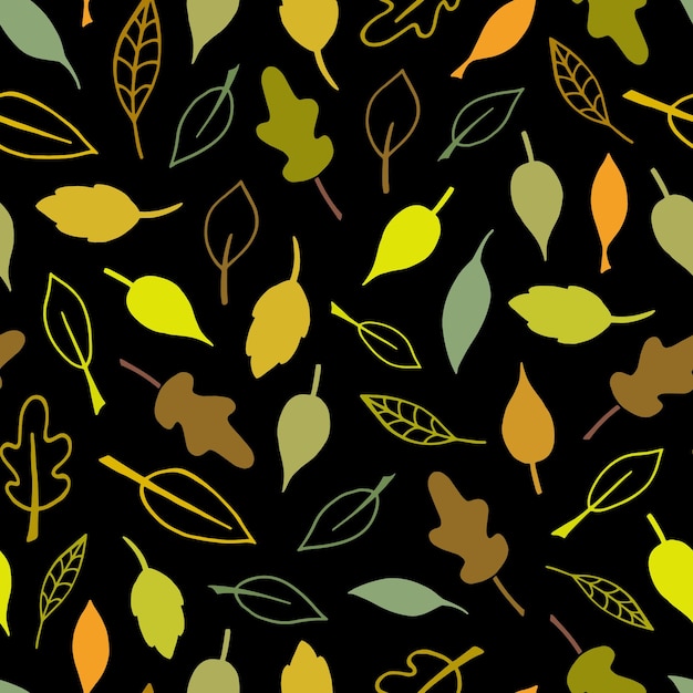 Patrón transparente de vector con hojas de otoño en colores amarillo, verde, naranja, marrón